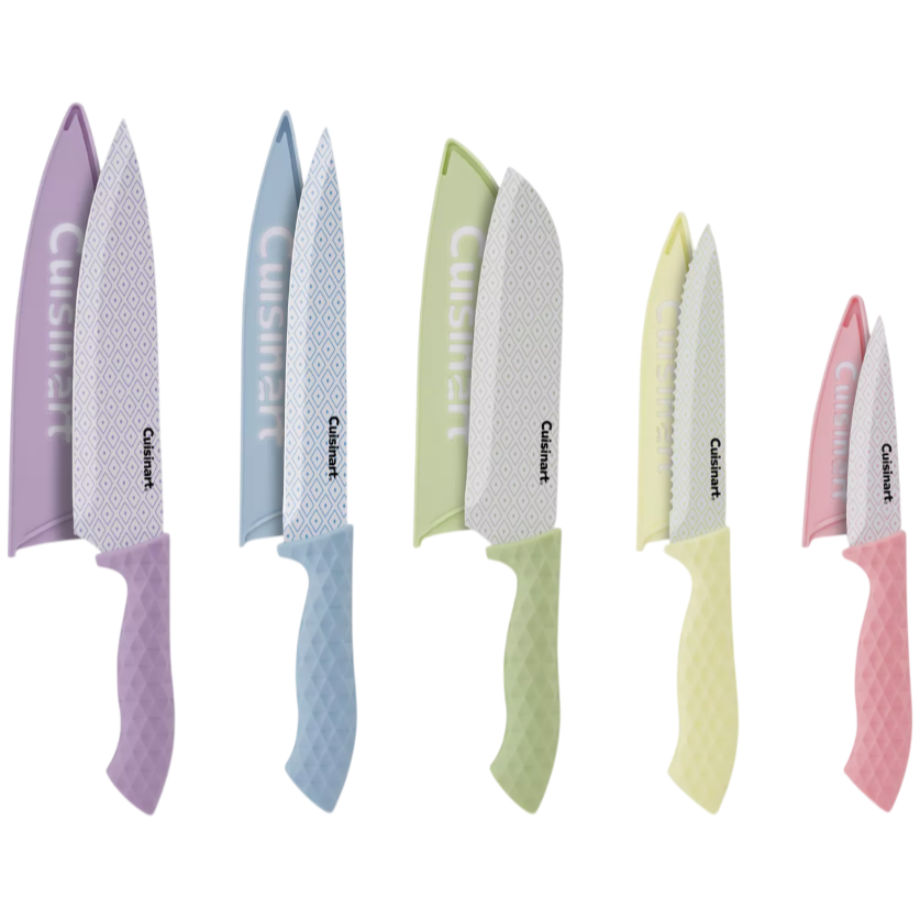 A set of five colorful kitchen knives by Cuisinart, each with a protective sheath and textured handle. Colors include purple, blue, green, yellow, and pink, with a diamond pattern on the blades.