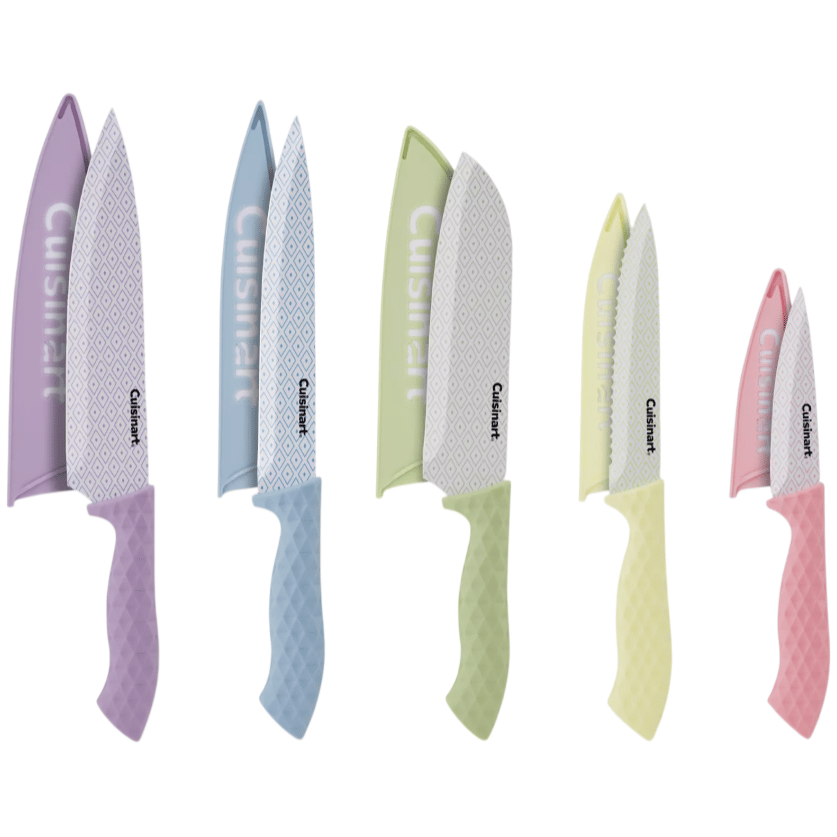 A set of five colorful kitchen knives by Cuisinart, each with a protective sheath and textured handle. Colors include purple, blue, green, yellow, and pink, with a diamond pattern on the blades.