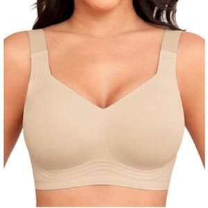A beige, wireless, seamless bra with wide shoulder straps and a smooth, supportive design.