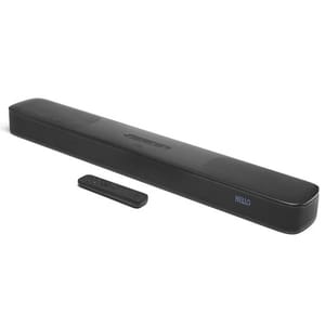 JBL Dolby Atmos Soundbar with a sleek, elongated design features built-in speakers for surround sound and a digital display showing \“HELLO.\“ Comes with a compact remote control for easy operation.