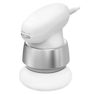 A handheld electric massager with a white and silver design, featuring an adjustable speed dial and a padded attachment for comfort.
