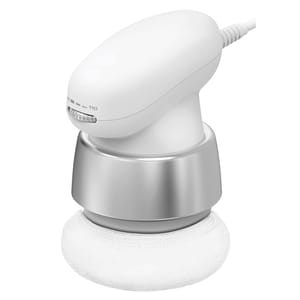 A handheld electric massager with a white and silver design, featuring an adjustable speed dial and a padded attachment for comfort.