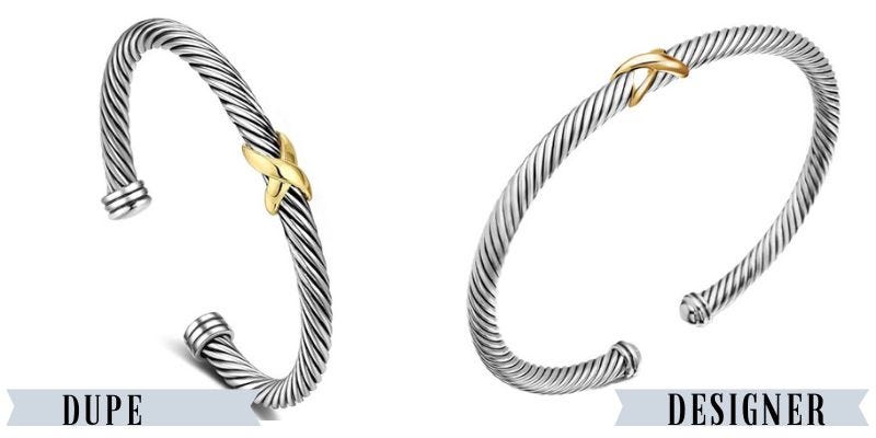 A silver cuff bracelet from Amazon beside a similar David Yurman bracelet.