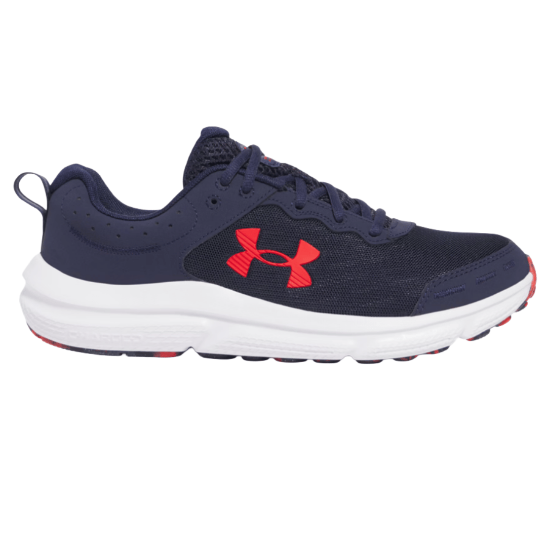 Navy athletic shoe with red Under Armour logo, white sole, and red accents. Designed for comfort and support.