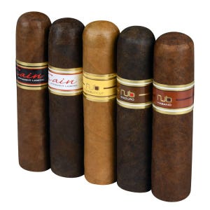 A variety of cigars labeled \“Cain\“ and \“Nub\“ in different wrapper types, including Straight Ligero, Connecticut, Maduro, and Habano.