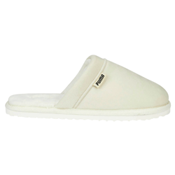 Cream-colored Puma indoor slipper with fluffy white lining and slip-on design.