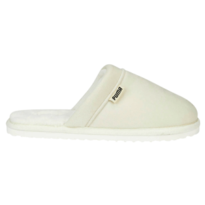 Cream-colored Puma indoor slipper with fluffy white lining and slip-on design.
