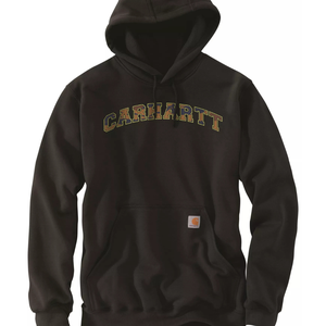 A black Carhartt hoodie with the brand name in arched yellow letters on the front. Features a front pocket with a Carhartt label.