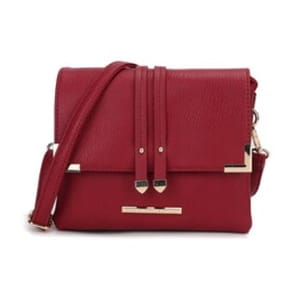 A red shoulder bag with gold accents, featuring a flap closure and two decorative straps on the front.