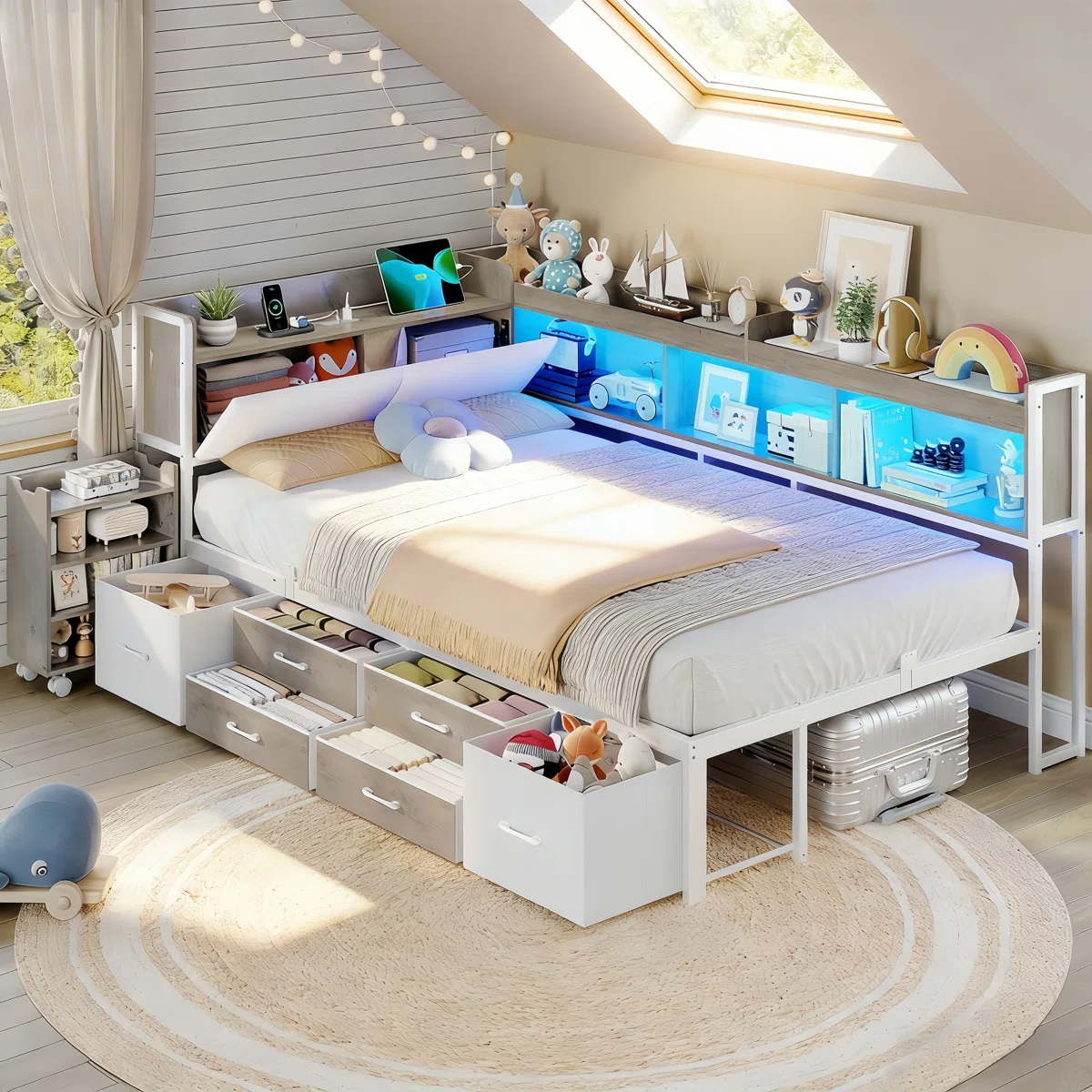 A cozy loft bedroom features a bed with built-in storage drawers, a decorative shelf with toys and books, and soft ambient lighting. The room includes a skylight and a circular rug, enhancing the bright, modern space.