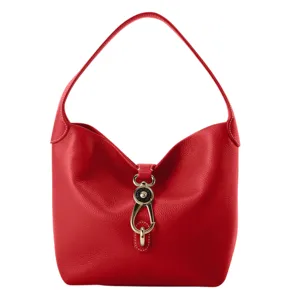 Red leather shoulder bag with a gold-tone clasp and a single strap.