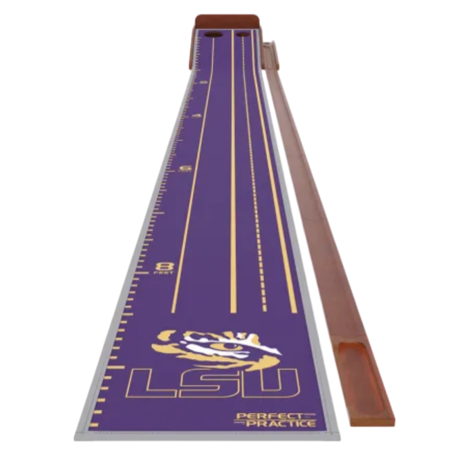 LSU-themed putting mat with an 8-foot length, featuring the school's logo, yard markers, and a wooden ball return track.