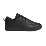 A black low-top sneaker featuring a textured upper and classic stripes on the side.