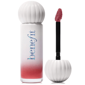 Benefit lip and cheek tint with a gradient pink-white bottle and a sculpted white cap, featuring a pink-tinted applicator wand.