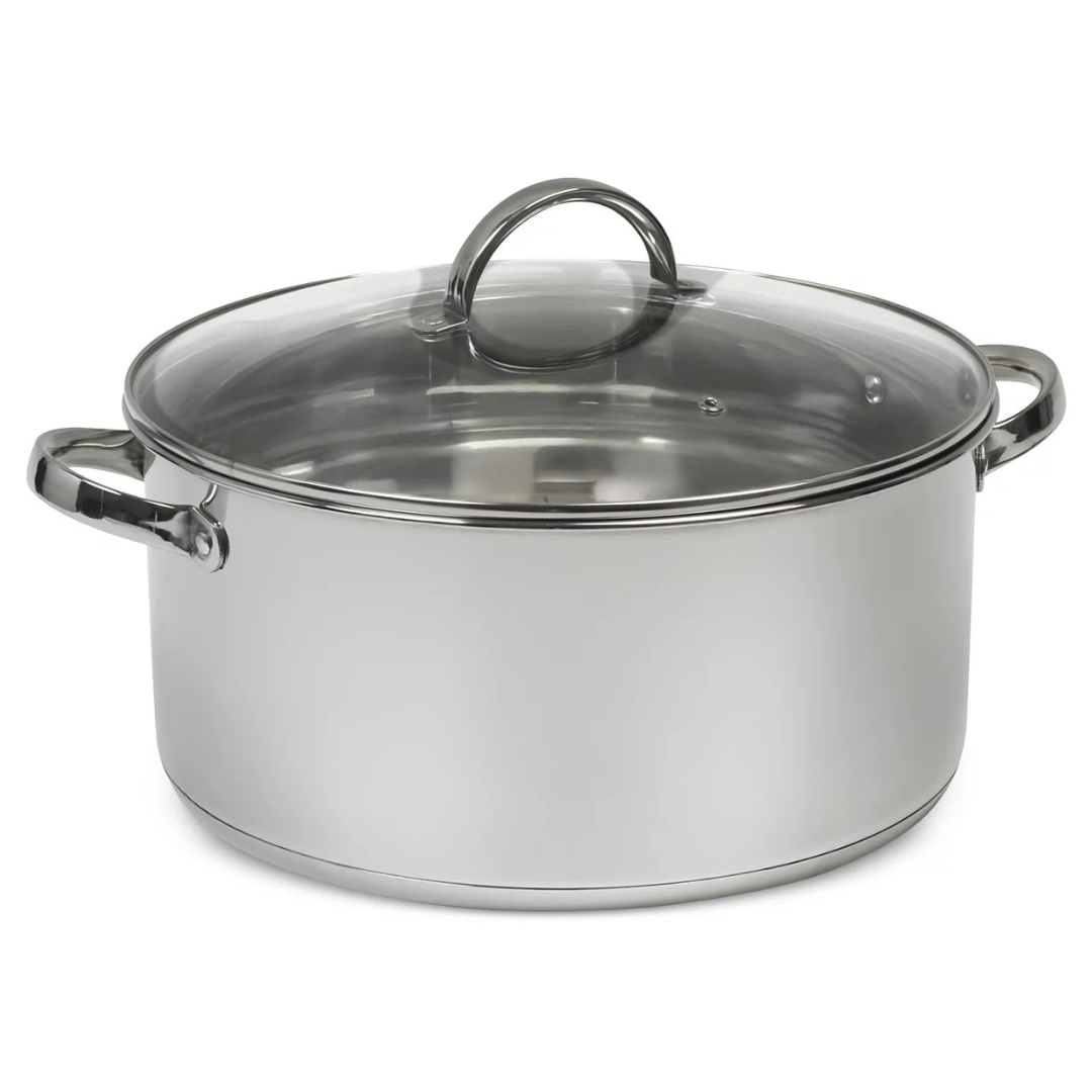 Round stainless steel pot with a glass lid and two side handles.