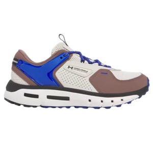 A sneaker featuring a brown and white mesh upper, blue accent, and a white sole with black details, designed by Under Armour.