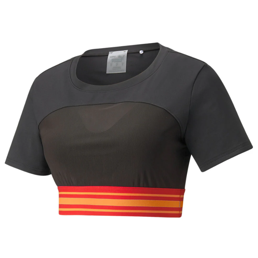 A cropped Puma basketball top featuring a semi-transparent mesh panel, short sleeves, and a solid black upper with a red and yellow striped waistband.