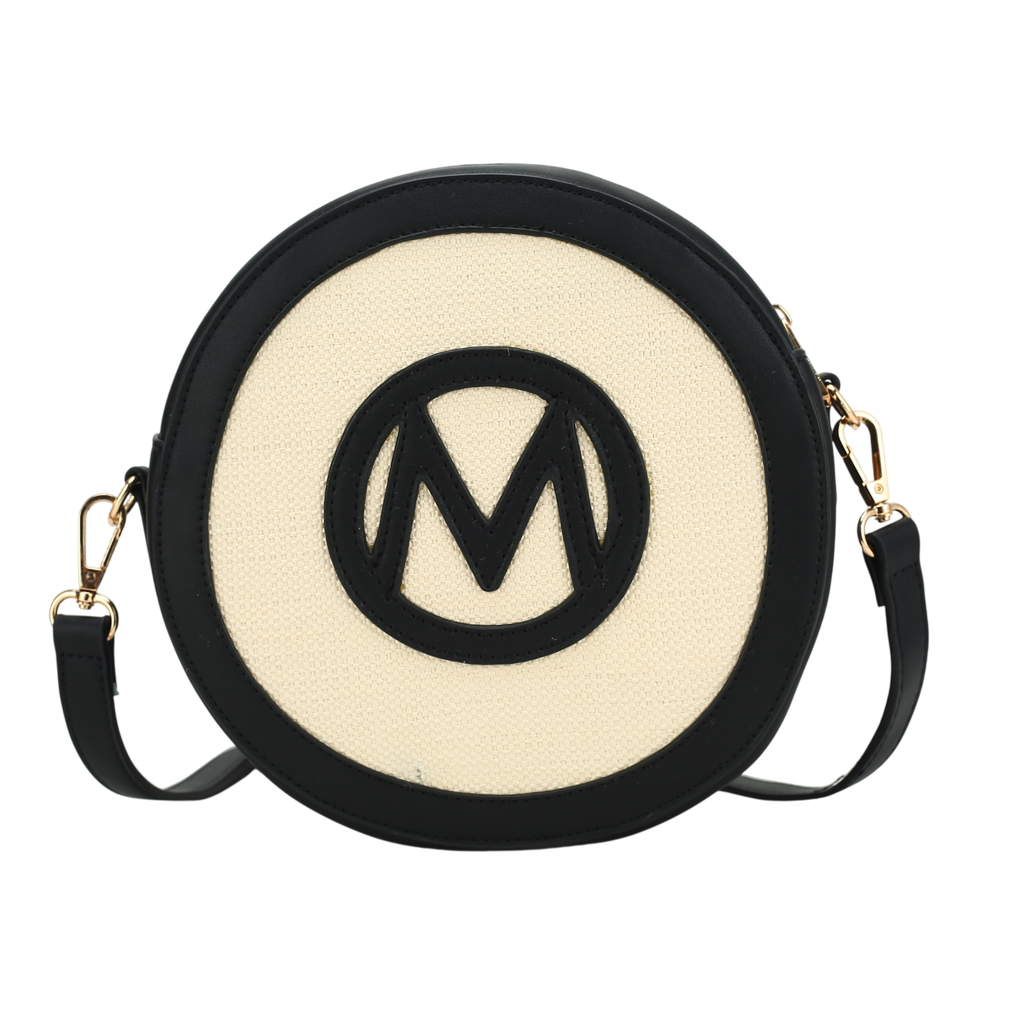 Round beige and black crossbody bag with a large \“M\“ logo on the front, featuring a detachable strap with gold-tone hardware.