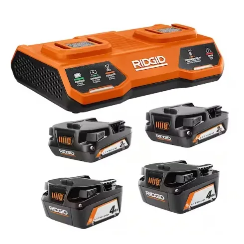 RIDGID 18V Dual Port Simultaneous Charger with four batteries, including two 2Ah and two 4Ah options, features rapid charging and overcharge protection for efficient power management of compatible tools.