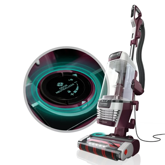An upright vacuum cleaner beside a zoomed-in view of the brush head.