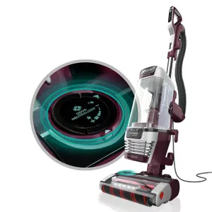 An upright vacuum cleaner beside a zoomed-in view of the brush head.