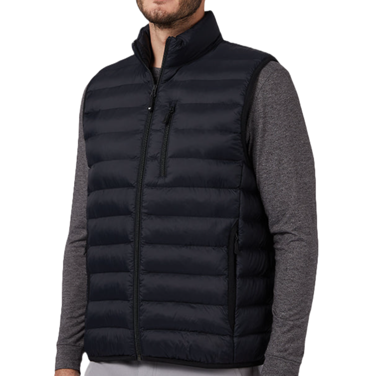 A black padded vest with horizontal quilting and a front zipper, worn over a long-sleeve gray shirt. It features a zippered chest pocket and side pockets for added practicality.