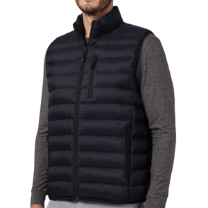 A black padded vest with horizontal quilting and a front zipper, worn over a long-sleeve gray shirt. It features a zippered chest pocket and side pockets for added practicality.