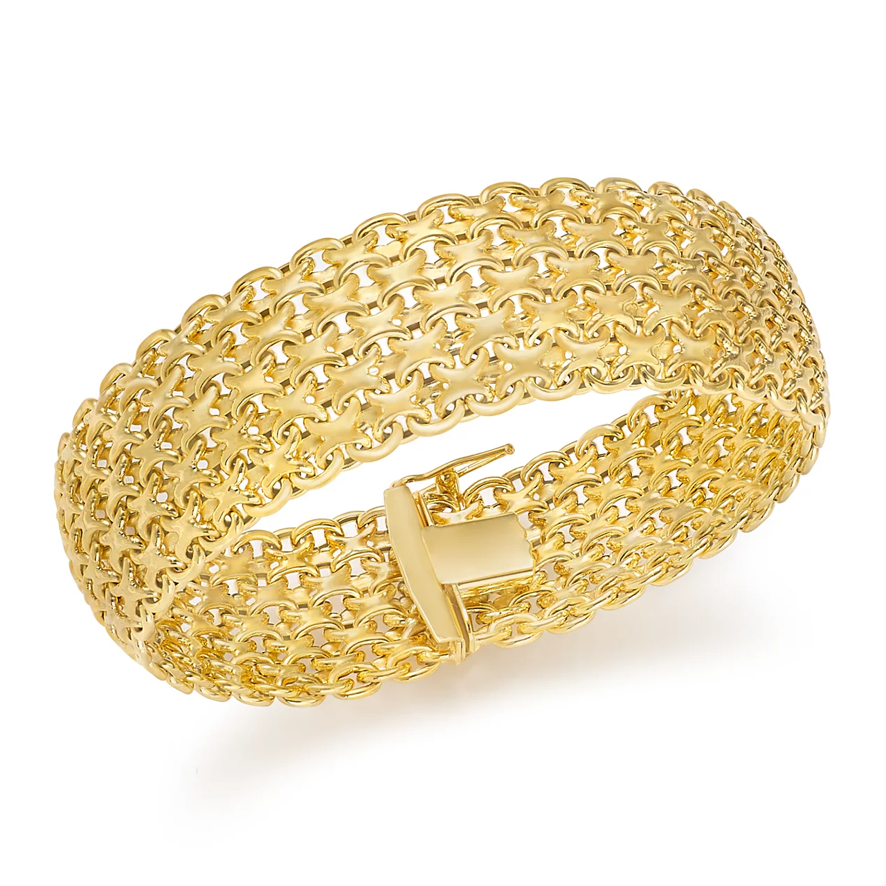 A 14K gold wide bracelet with an intricate, interlocking pattern and a secure clasp, showcasing a luxurious and elegant design.