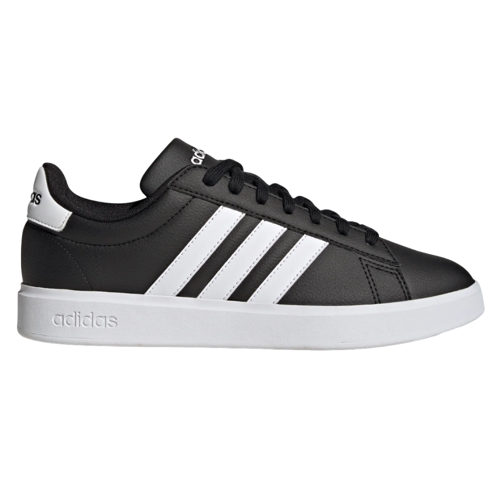 Adidas sneaker, black with white stripes, featuring a white sole and Adidas branding on heel and side.