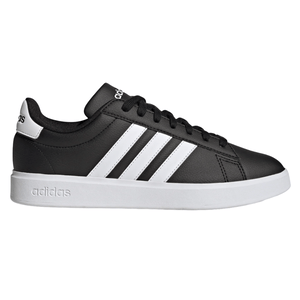Adidas sneaker, black with white stripes, featuring a white sole and Adidas branding on heel and side.