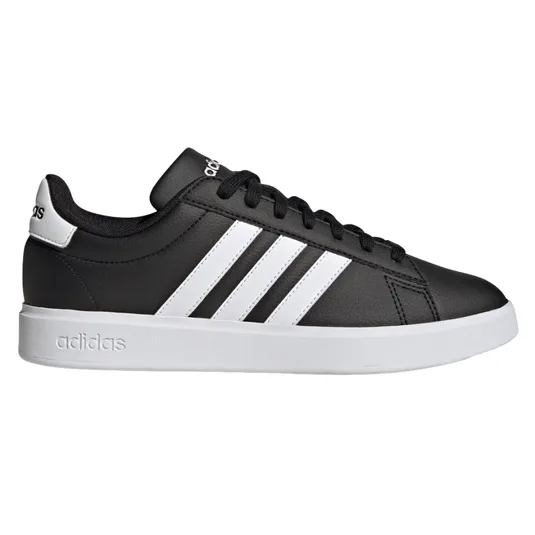 Adidas sneaker, black with white stripes, featuring a white sole and Adidas branding on heel and side.