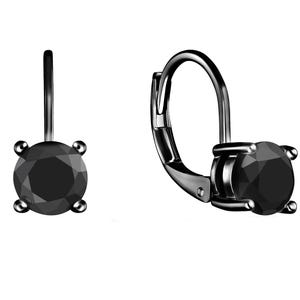 Pair of lever-back earrings with round black gemstones set in metal prongs.