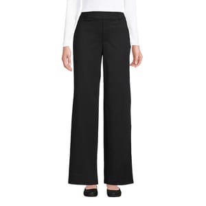 Black women's pants with a high waist, wide-leg design, and classic fit. These pants are paired with a white long-sleeve top and black shoes, suitable for formal or business-casual settings.