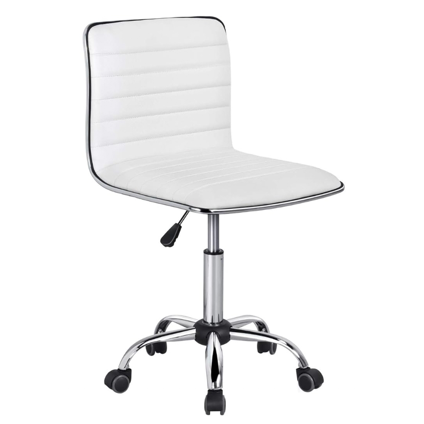 A white swivel office chair featuring a chrome base with five caster wheels and an adjustable height lever.