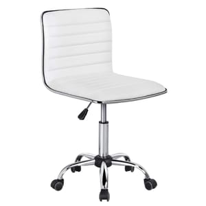 A white swivel office chair featuring a chrome base with five caster wheels and an adjustable height lever.