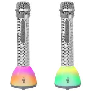 Two wireless karaoke microphones with LED bases that display multicolored lights.