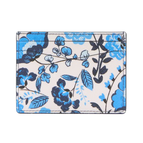 A cardholder features a floral pattern with blue and black flowers on a white background.
