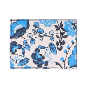 A cardholder features a floral pattern with blue and black flowers on a white background.