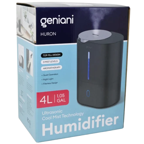 Geniani Huron Ultrasonic Cool Mist Humidifier, 4L (1.05 Gal) capacity, features top-fill design, 3 mist levels, aromatherapy, quiet operation, night light, and filterless design.