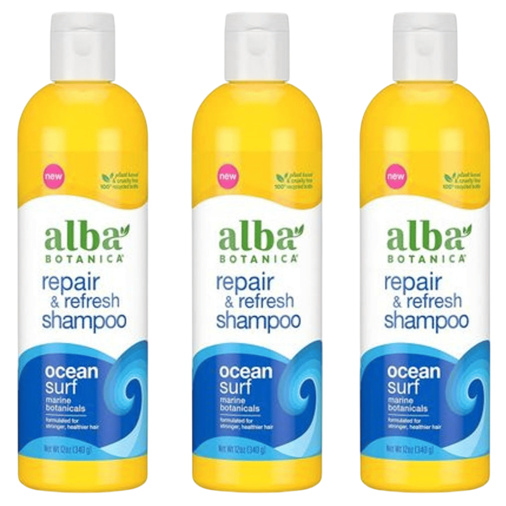 Alba Botanica Repair & Refresh Shampoo, Ocean Surf variant, featuring marine botanicals, comes in a bright yellow 12 fl oz (354 g) bottle, designed for stronger, healthier hair and is 100% vegetarian.