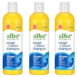 Alba Botanica Repair & Refresh Shampoo, Ocean Surf variant, featuring marine botanicals, comes in a bright yellow 12 fl oz (354 g) bottle, designed for stronger, healthier hair and is 100% vegetarian.