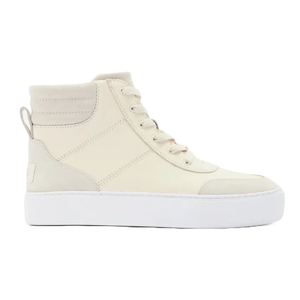 Ugg Zilo High Top Sneakers feature a cream-colored upper with a sleek design, lace-up closure, and a white rubber sole, offering a modern and versatile look.