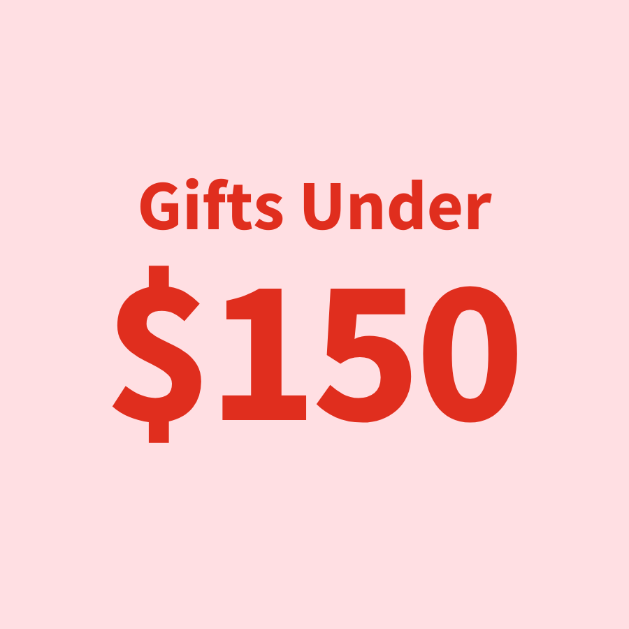 Gifts priced under $150, highlighted in bold red text against a light pink background.