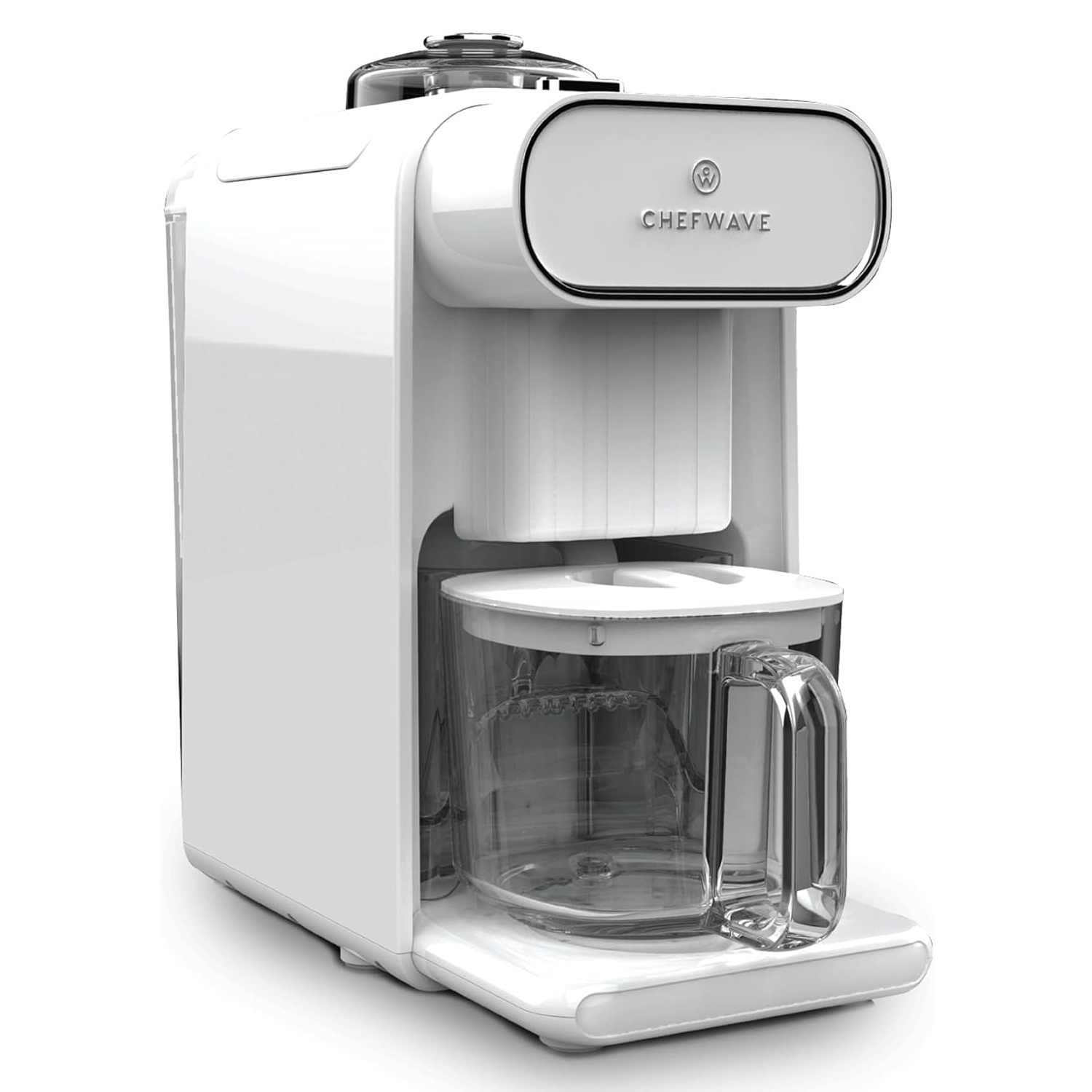A white ChefWave kitchen appliance designed for making beverages, featuring a sleek design with a transparent container and handle at the front.