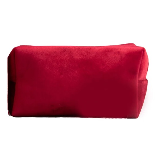 Red velvet rectangular pouffe with soft texture and simple design.