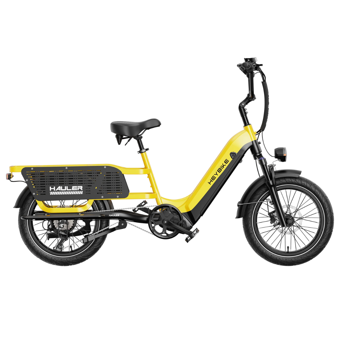 A yellow and black electric cargo bike with a rear cargo rack, step-through frame, and thick tires.