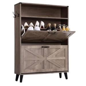 A wooden shoe cabinet with a British flag design features three sections: an upper shelf for display, a middle tilting compartment for shoes, and a lower cabinet with a closed door. Hooks are attached to the side for additional storage.