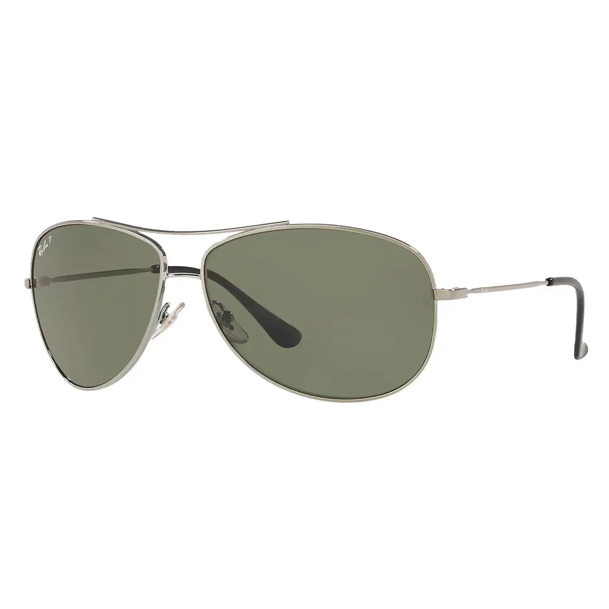 Ray-Ban Polarized Aviator Sunglasses feature a classic aviator design with a thin metal frame and green polarized lenses for reduced glare, offering both style and functionality.