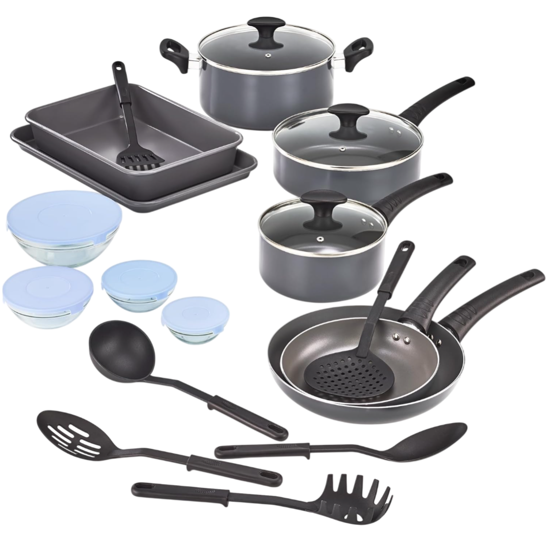 A cookware set including glass bowls with lids, two baking pans, a large pot, two saucepans, two frying pans, and various utensils, all in a black and gray color scheme.