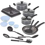 A cookware set including glass bowls with lids, two baking pans, a large pot, two saucepans, two frying pans, and various utensils, all in a black and gray color scheme.